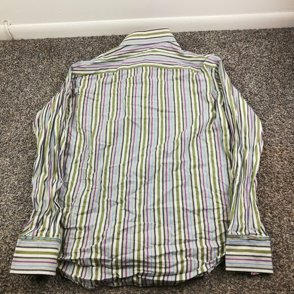 Robert Graham Shirt Paisley Flip Cuff Striped Silk Trim L/S Button Up Mens Large - Picture 7 of 11
